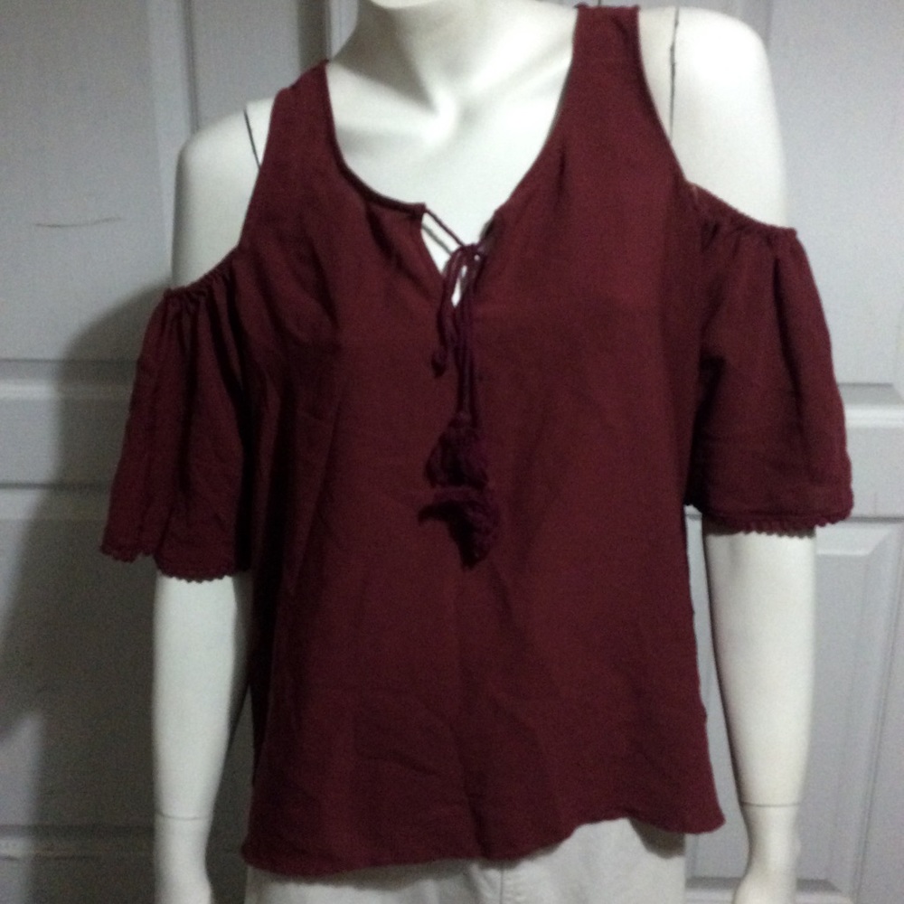 Burgundy GUESS cold shoulder front tassel tie top